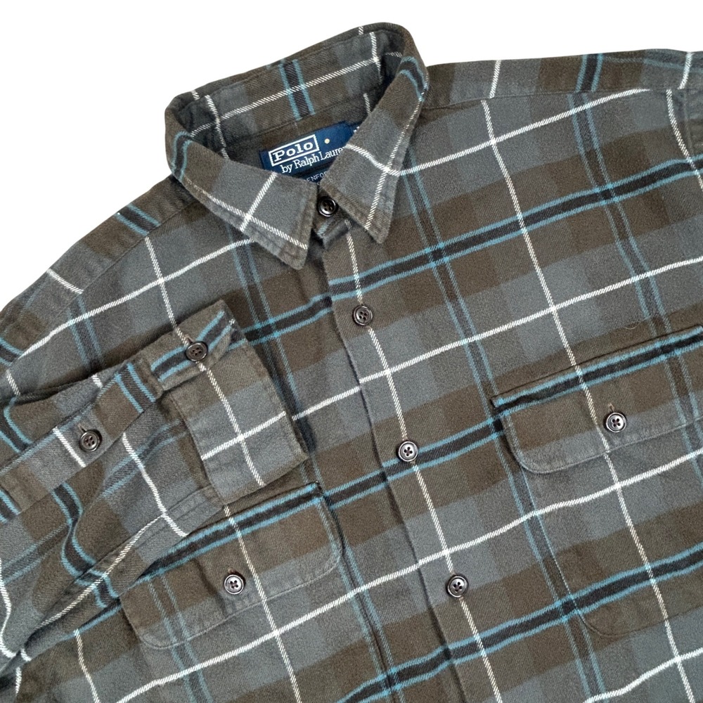 Polo Ralph Lauren Flannel Shirt Mens L Benford 100% Cotton Brown Plaid Soft Cozy